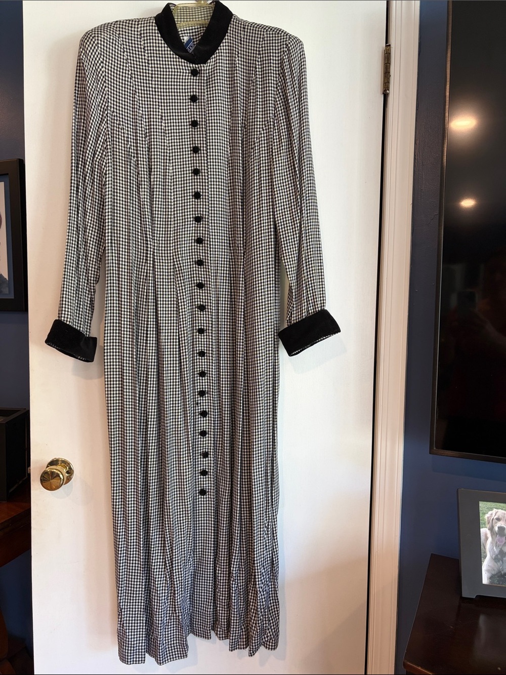 VTG Jessica Howard Woman Houndstooth Maxi Dress Velvet Trim Rayon 14W